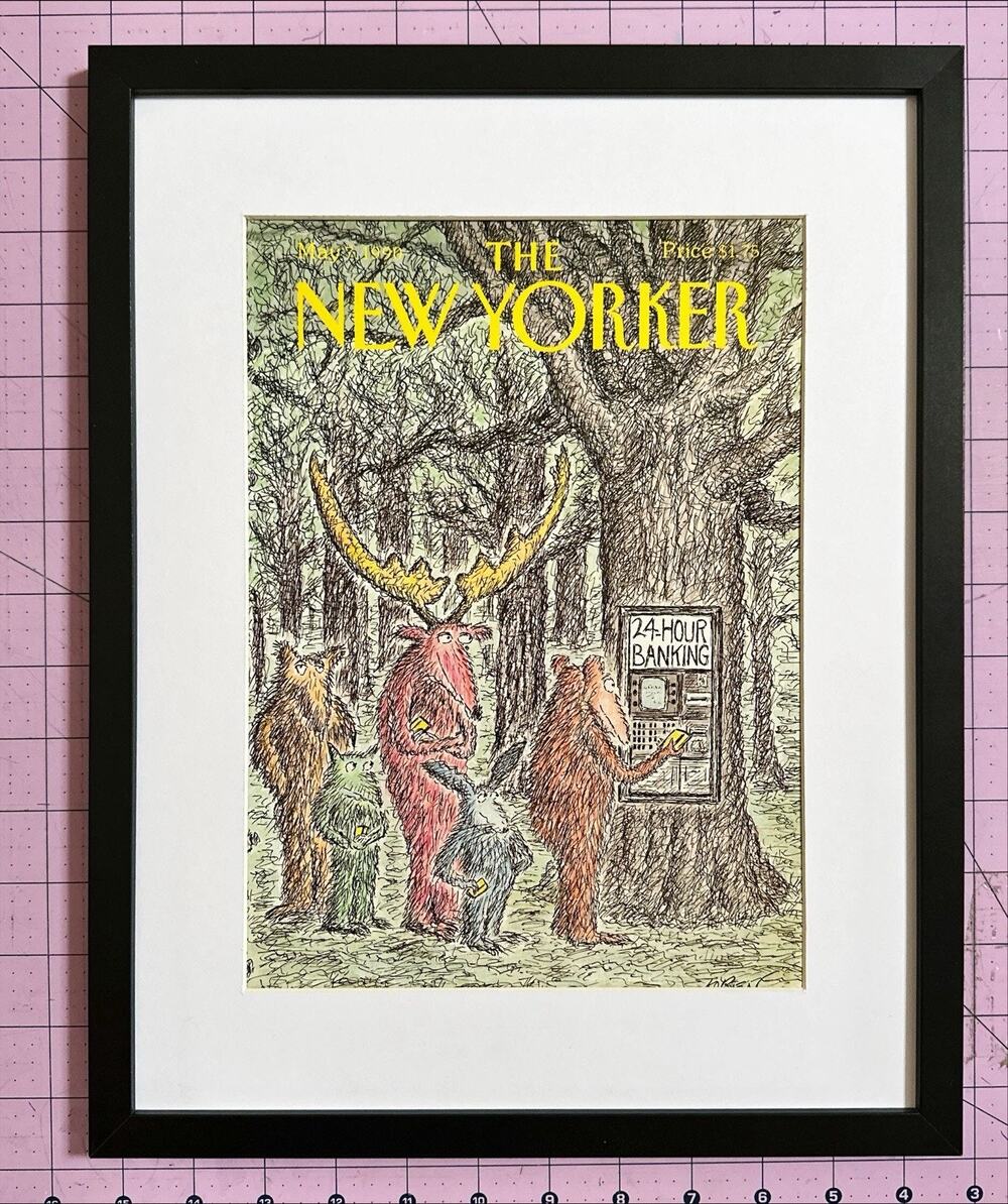 Framed 1990 The New Yorker May 7 Magazine Cover Edward Koren 24 Hr Banking